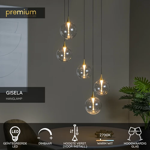 Lucide GISELA - Hanglamp - Ø 48 cm - LED Dimb. - 5x3,8W 2700K - Transparant | Premium - USP